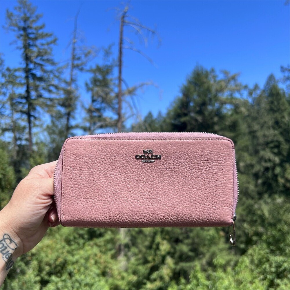 COACH Long Zip-Around PINK Pebble Leather Wallet with Silver Hardware AUTHENTIC